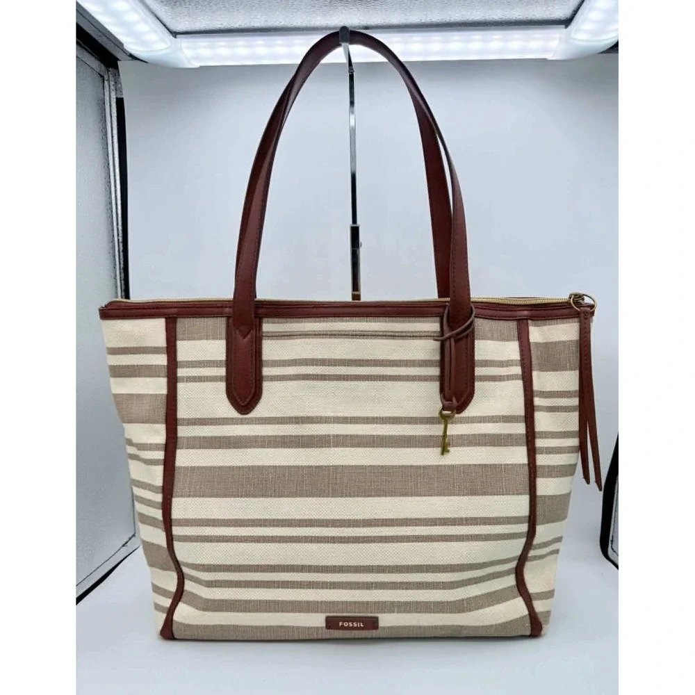 Fossil Sydney Tote Neutral Stripe Brown Leather Canvas Handbag SHB2958558 Large